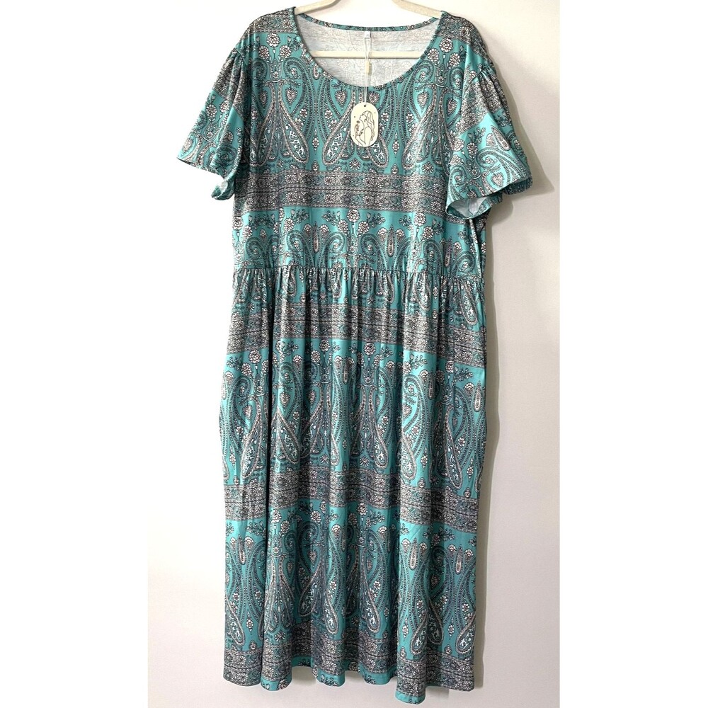 NWT Womens Paisley Floral Maxi Dress Short Sleeve Scoop Neck Blue Size 3X-(mp)